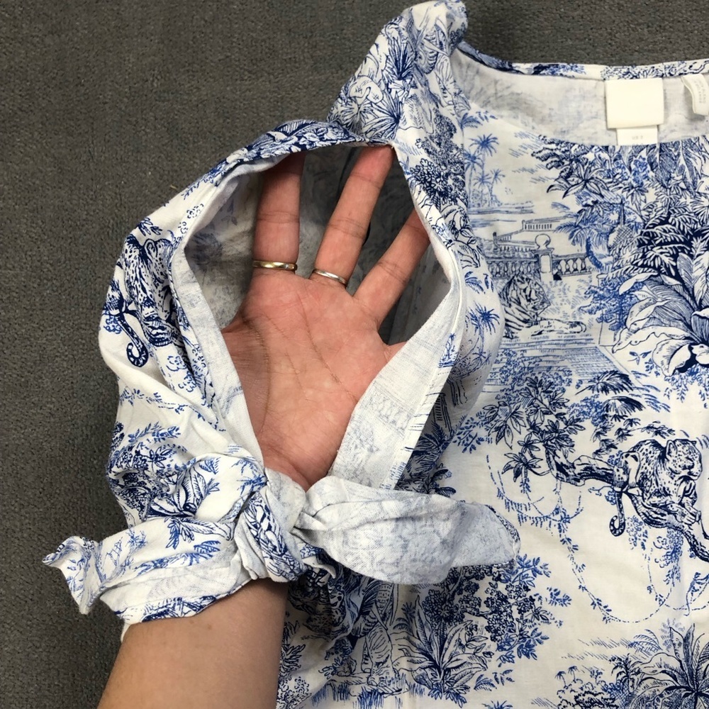 H&M Linen Blend safari Tiger Blue White Shift Dress Tie Sleeves size 2 - Picture 5 of 8